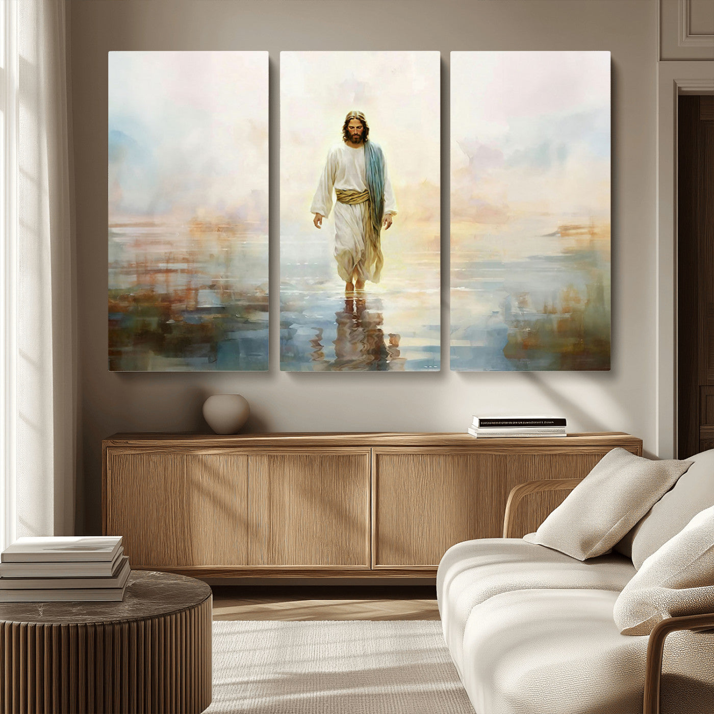 MGV-CV-48X32-3P - Framed Jesus Walking on Water Wall Art - 3-Panel Christian Canvas Prints, Religious Artwork for