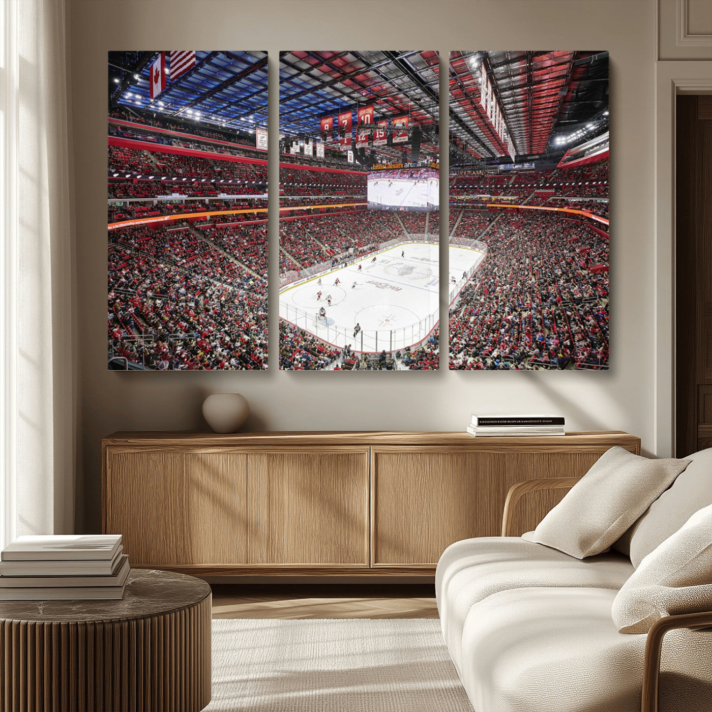 MGV-CV-48X32-3P - Barton Malow Little Caesars Arena Detroit Wall Art Canvas Print - Detroit Hockey and Basketball