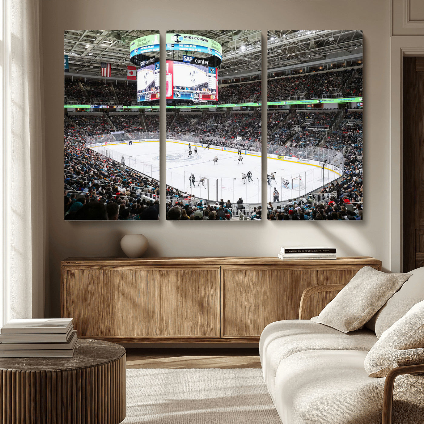 MGV-CV-48X32-3P - Sharks Arena Blackhawks Sharks Ice Hockey Stadium Wall Art Canvas Print, Framed Blackhawks Sharks