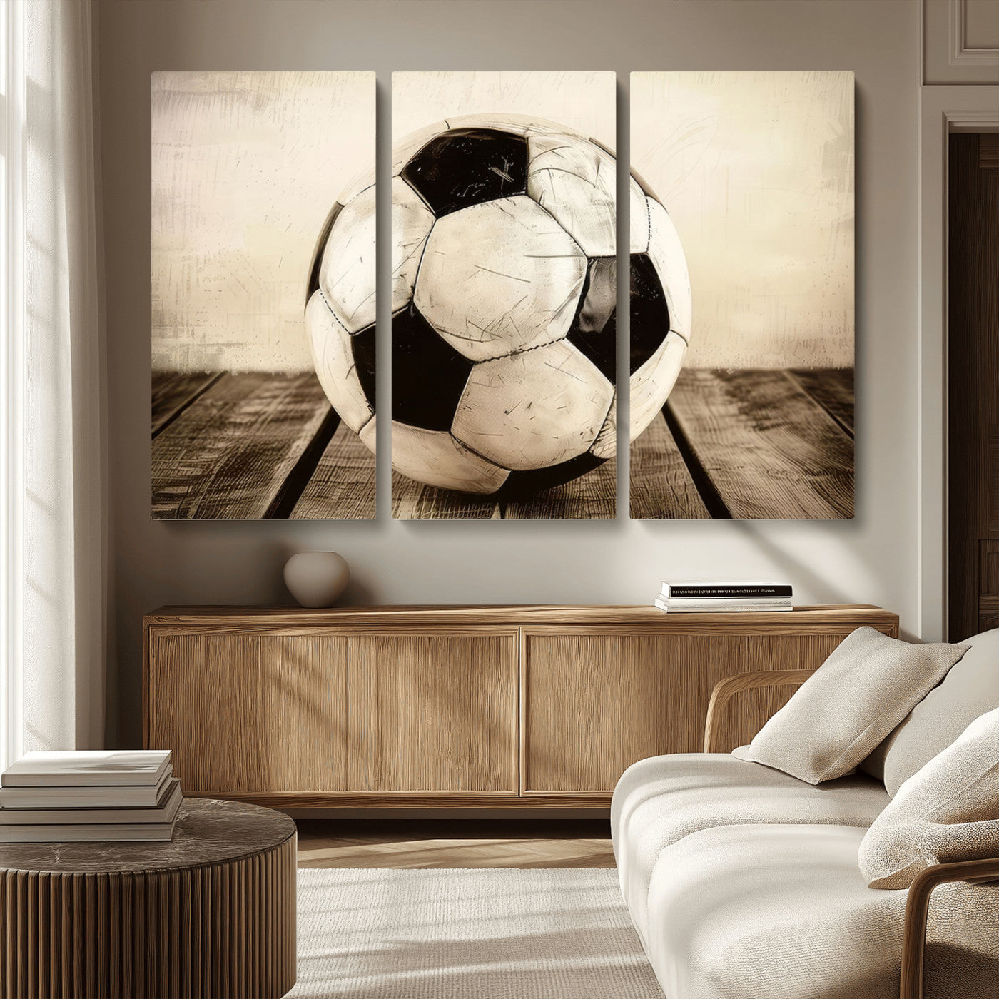 MGV-CV-48X32-3P - Vintage Soccer Ball Wall Decor Canvas Art – 3-Panel Soccer Wall Decor, Framed and Ready to Hang