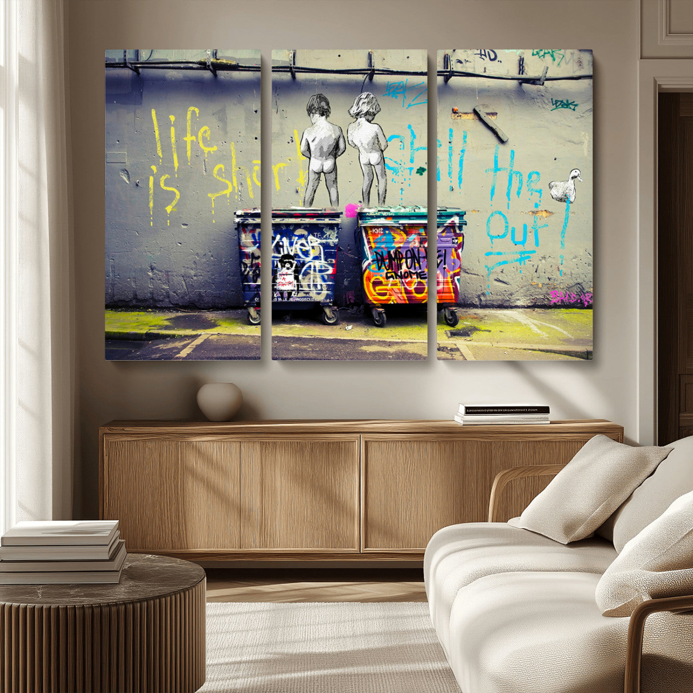 MGV-CV-48X32-3P - Banksy Life is Short Wall Art - Iconic Graffiti Art on Framed Ready-to-Hang Canvas - Street Art