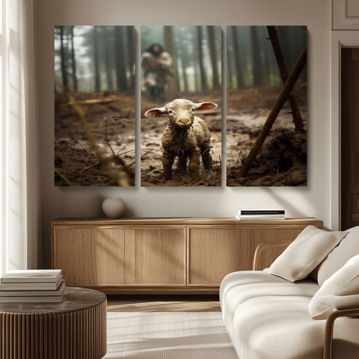 MGV-CV-48X32-3P - Jesus Running After a Lost Lamb Canvas Wall Art Print