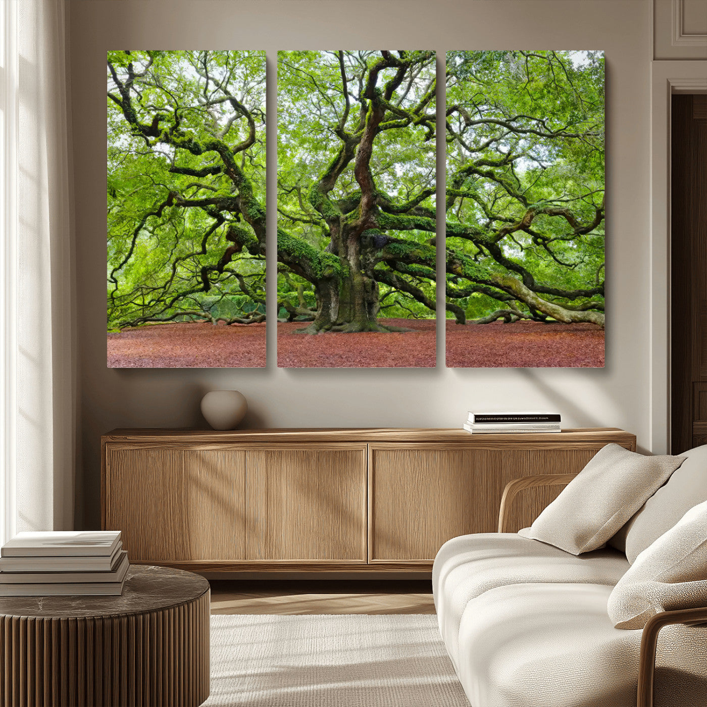 MGV-CV-48X32-3P - Framed Angel Oak Tree Wall Art - 3-Panel Canvas Prints, Large Green Nature Artwork, Ready to Hang