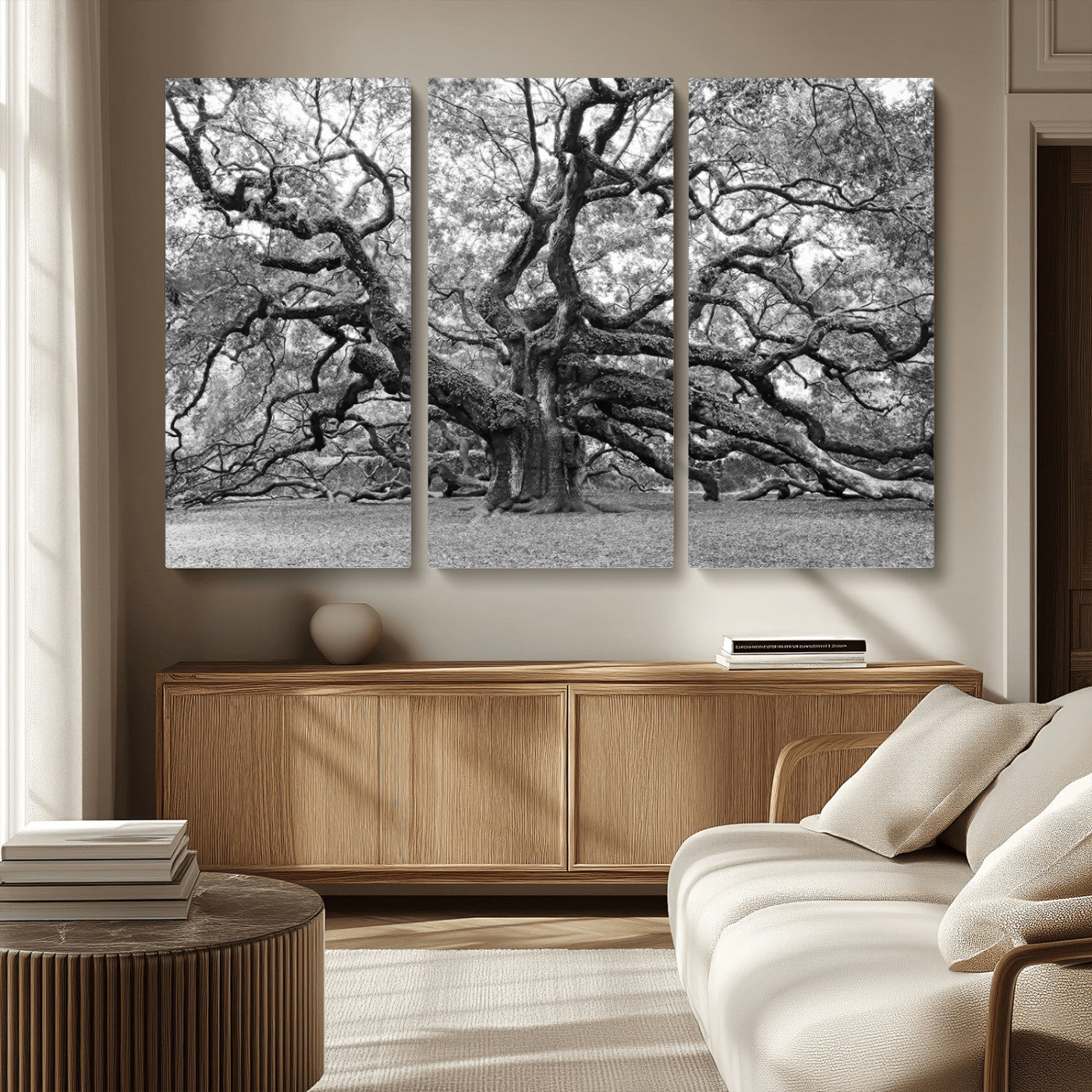 MGV-CV-48X32-3P - Black White Angel Oak Tree Wall Art - Timeless Nature-Inspired Canvas for Rustic, Modern, or