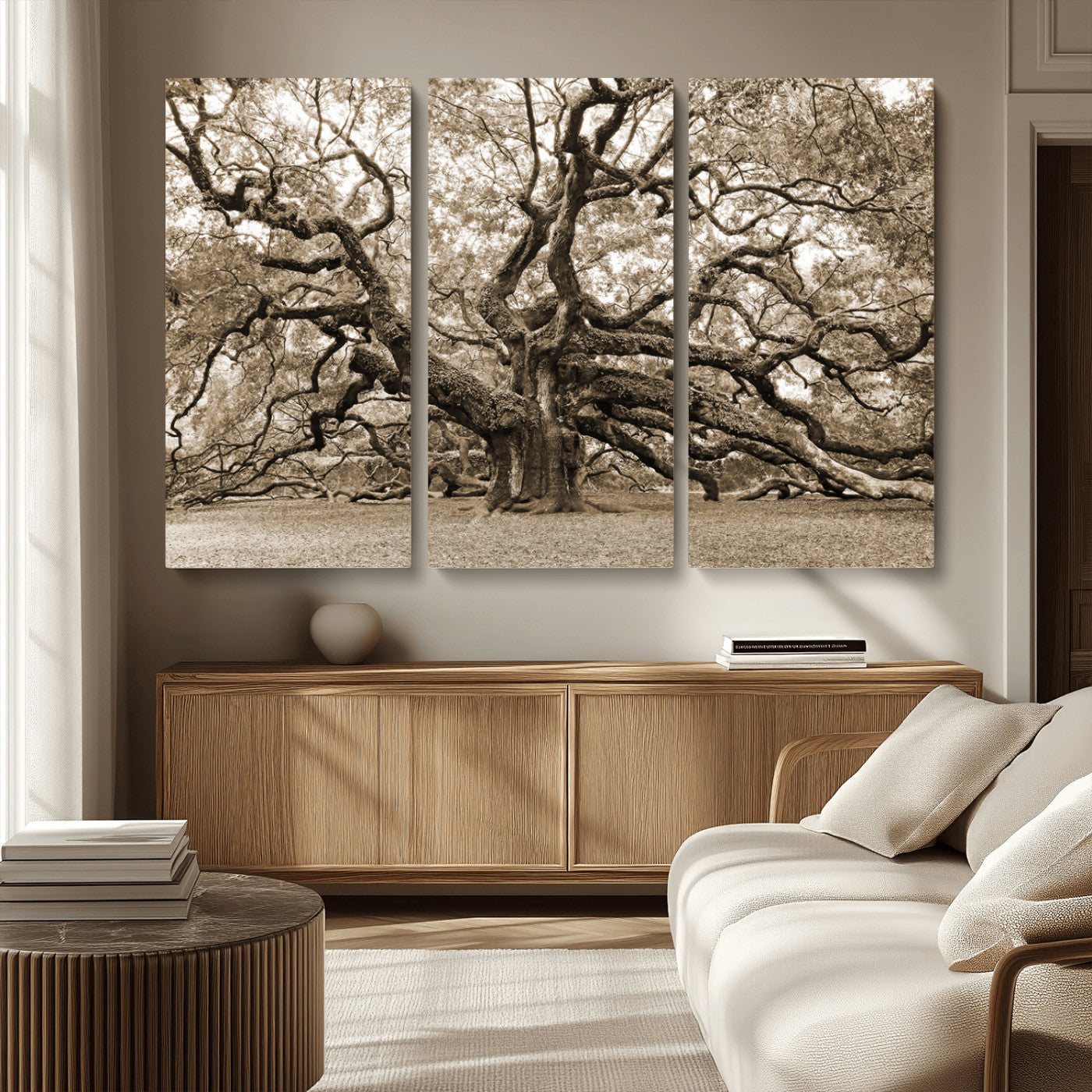 51126-MGV-CV-36X24-Sepia Framed Angel Oak Tree Wall Art - 3-Panel Canvas Prints, Large Green Nature Artwork, Ready to