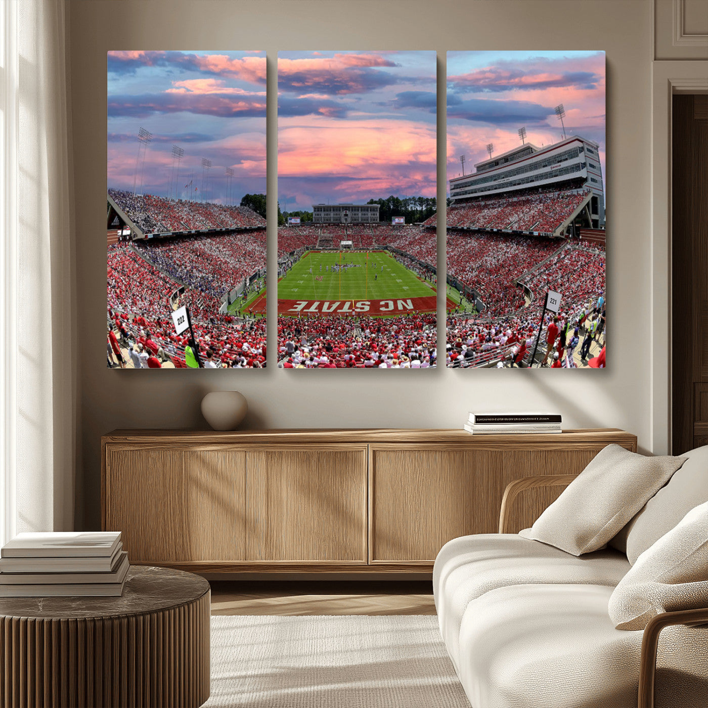 MGV-CV-48X32-3P - Carter-Finley Stadium Art Sunset Game Triple Canvas Wall Art - NC State Wolfpack Football Match