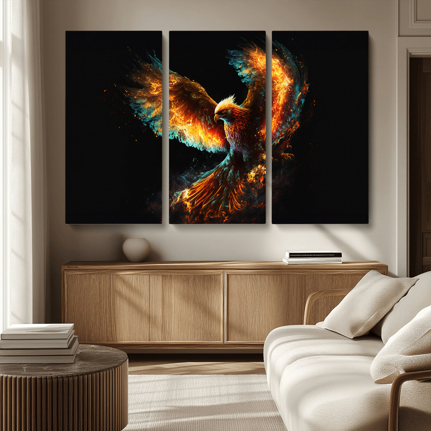 MGV-CV-48X32-3P - Fiery Phoenix Canvas Print | Ready to Hang Wall Art | Bold Fantasy Decor for Living Room | Majestic