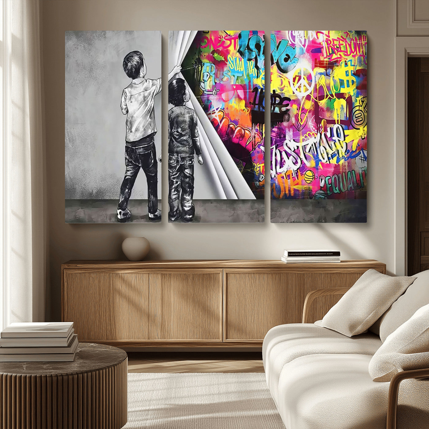 MGV-CV-48X32-3P - Banksy Print - Street Art Canvas Wall Art - Kids Revealing Graffiti, Urban Modern Decor for Living