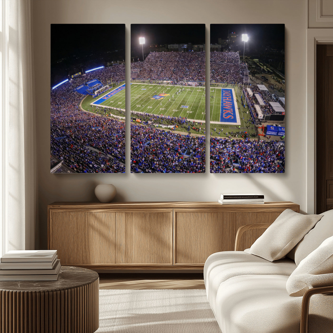 MGV-CV-48X32-3P - University of Kansas Jayhawks Football Team Print - Lawrence Kansas Memorial Stadium Wall Art Canvas
