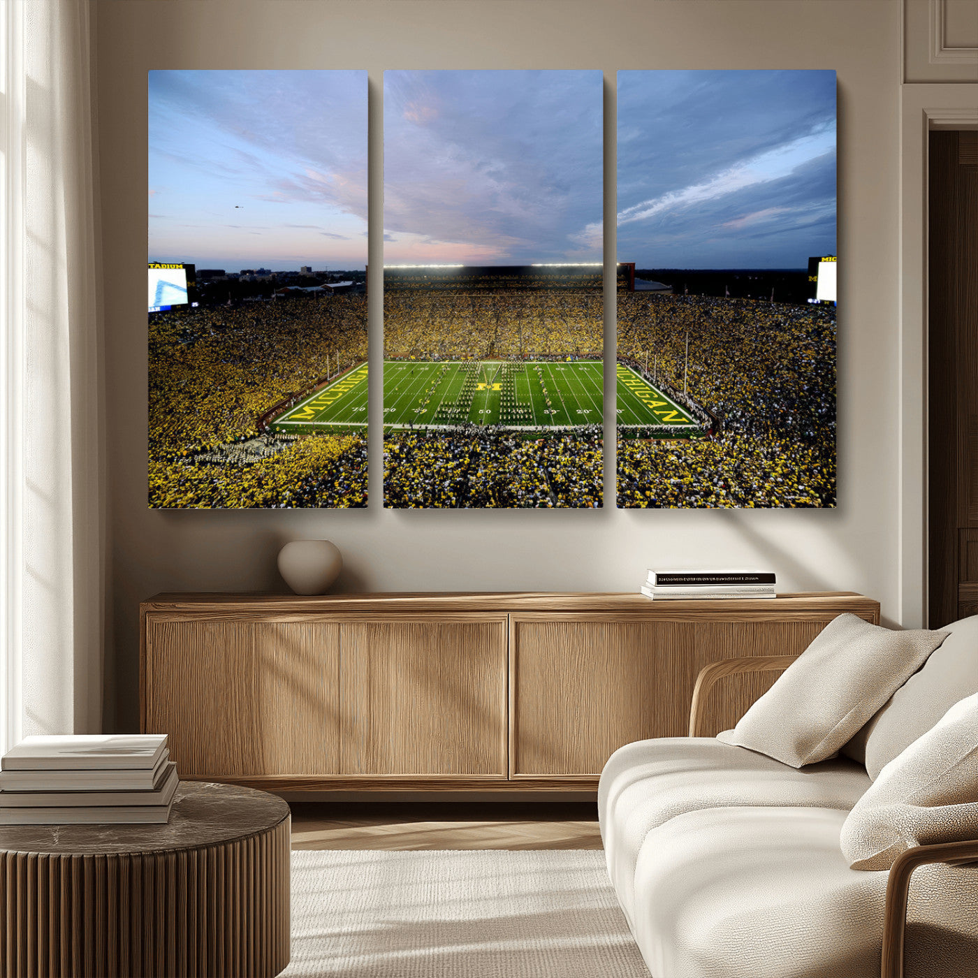 82641-MGV-CV-48X32-3P - Michigan Stadium Wall Art Canvas Print, Vibrant Game Day Crowd and Sunset Sky Football Field Artwork for Home, Office