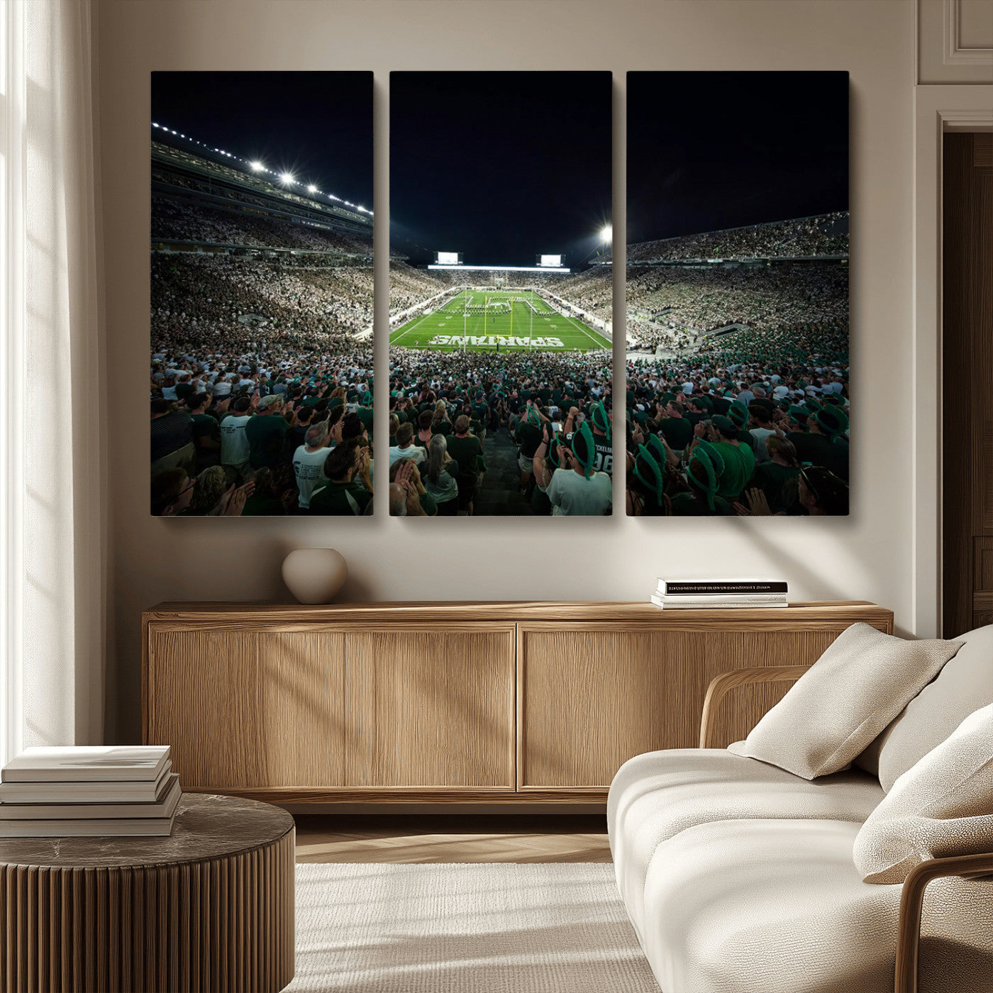 MGV-CV-48X32-3P - Framed Michigan State Spartans Football Team Print - East Lansing Spartan Stadium Wall Art Canvas