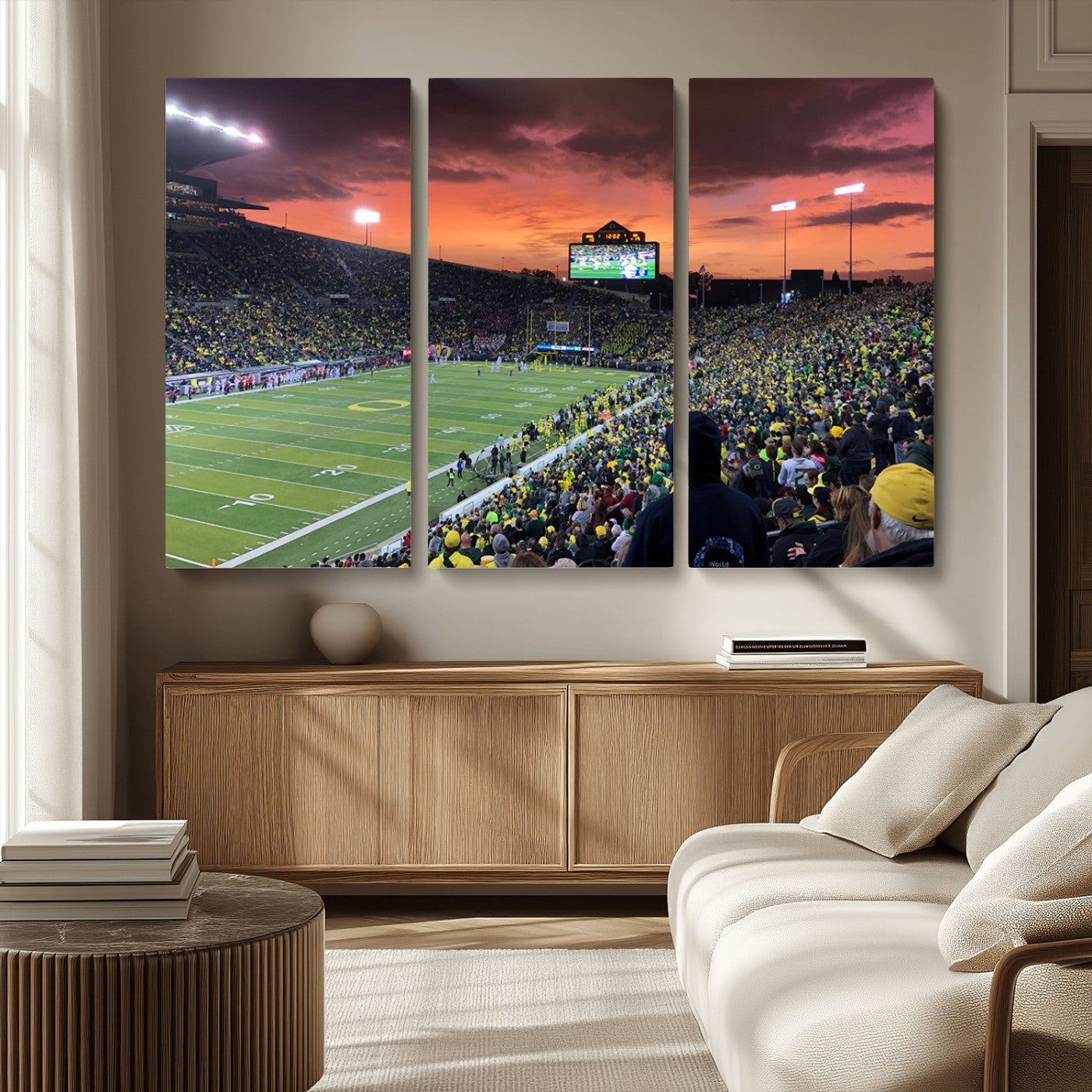 MGV-CV-48X32-3P - Eugene Autzen Stadium Canvas Wall Art Print – Sunset Over Iconic Football Field Wall Decor for Home