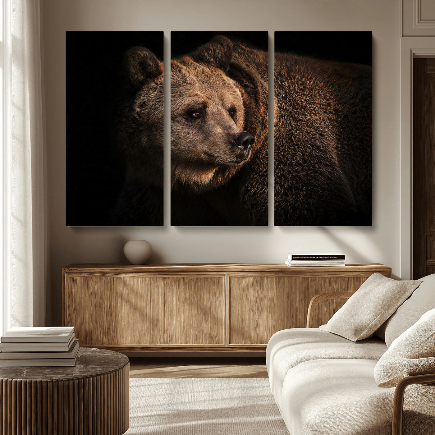 MGV-CV-48X32-3P - Wild Grizzly 399 Bear Canvas Wall Art Print, Bear Animal Canvas Artwork Print, Black Bear Wall Art