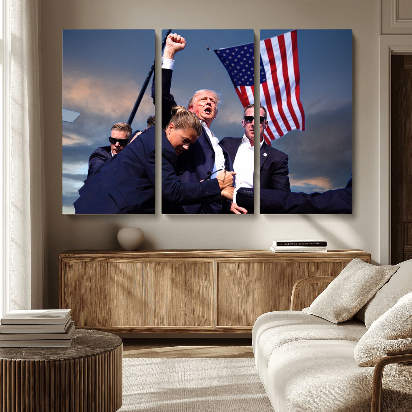 MGV-CV-48X32-3P - Donald Trump Assassination Attempt Wall Art Print, Trump Historic Footage - Iconic Reaction by Trump