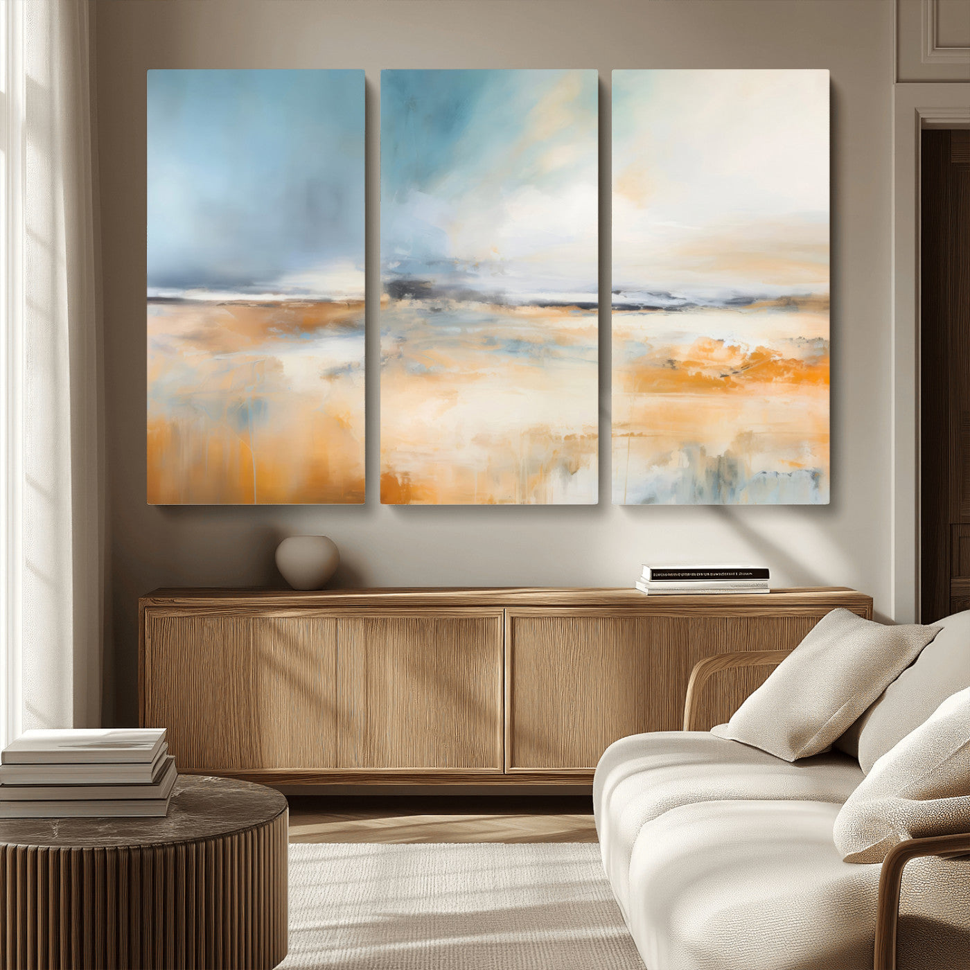 -Abstract Landscape Wall Art Canvas Print - Warm Tones of Orange and Blue, Modern Framed Art for Home