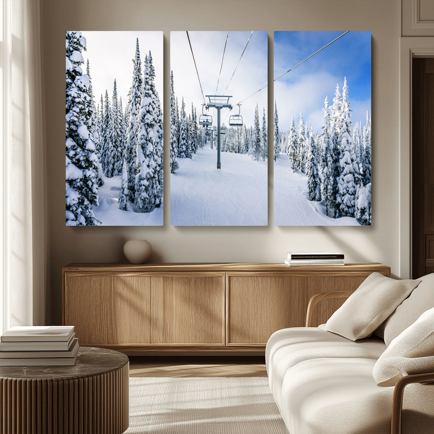 MGV-CV-48X32-3P - Winter Ski Lift Wall Art Print - Landscape Wall Art | Snowy Mountain Adventure | Perfect for Cabin
