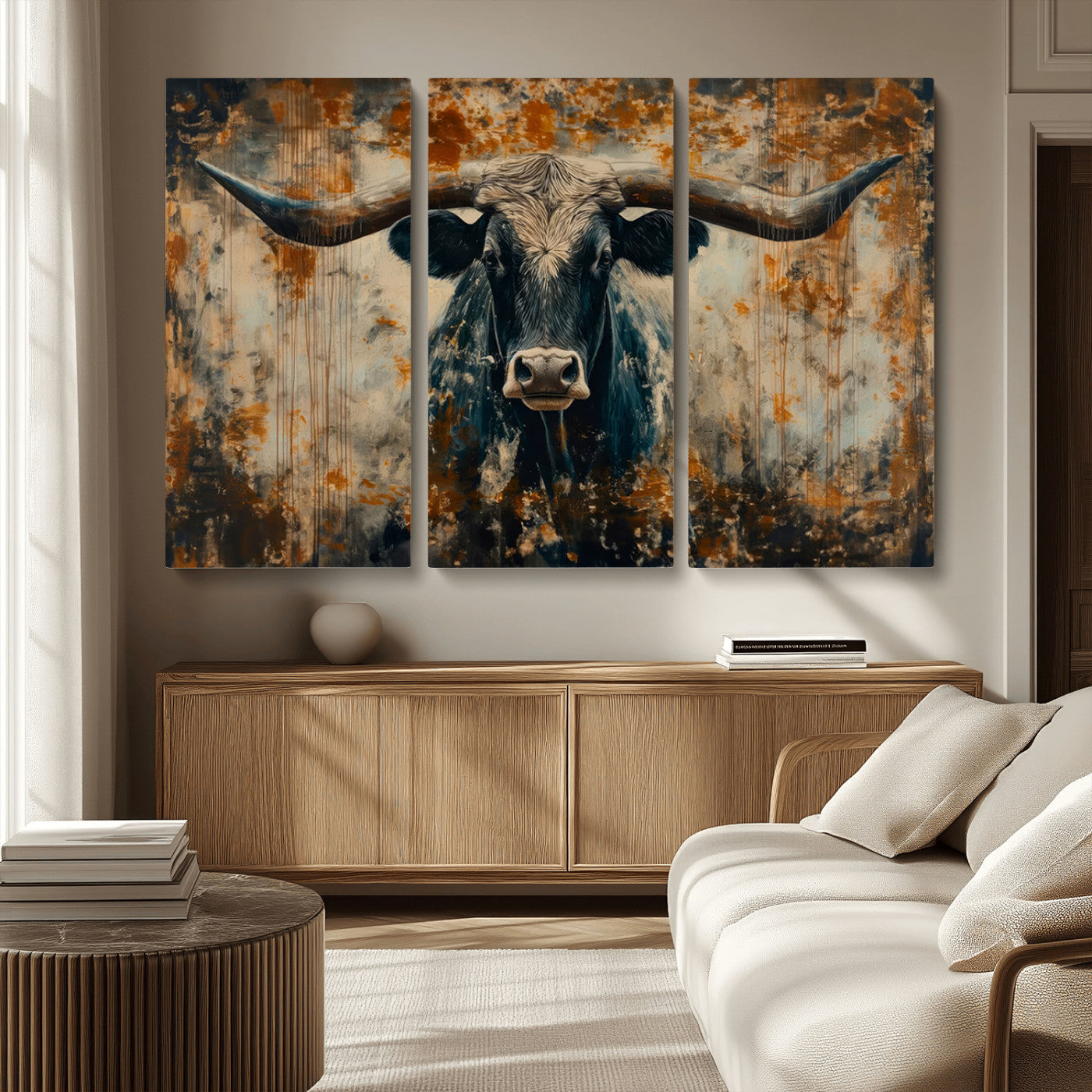 MGV-CV-48X32-3P - Abstract Longhorn Bull Wall Art | Rustic Western Wall Decor | Framed and Ready to Hang | Ideal for