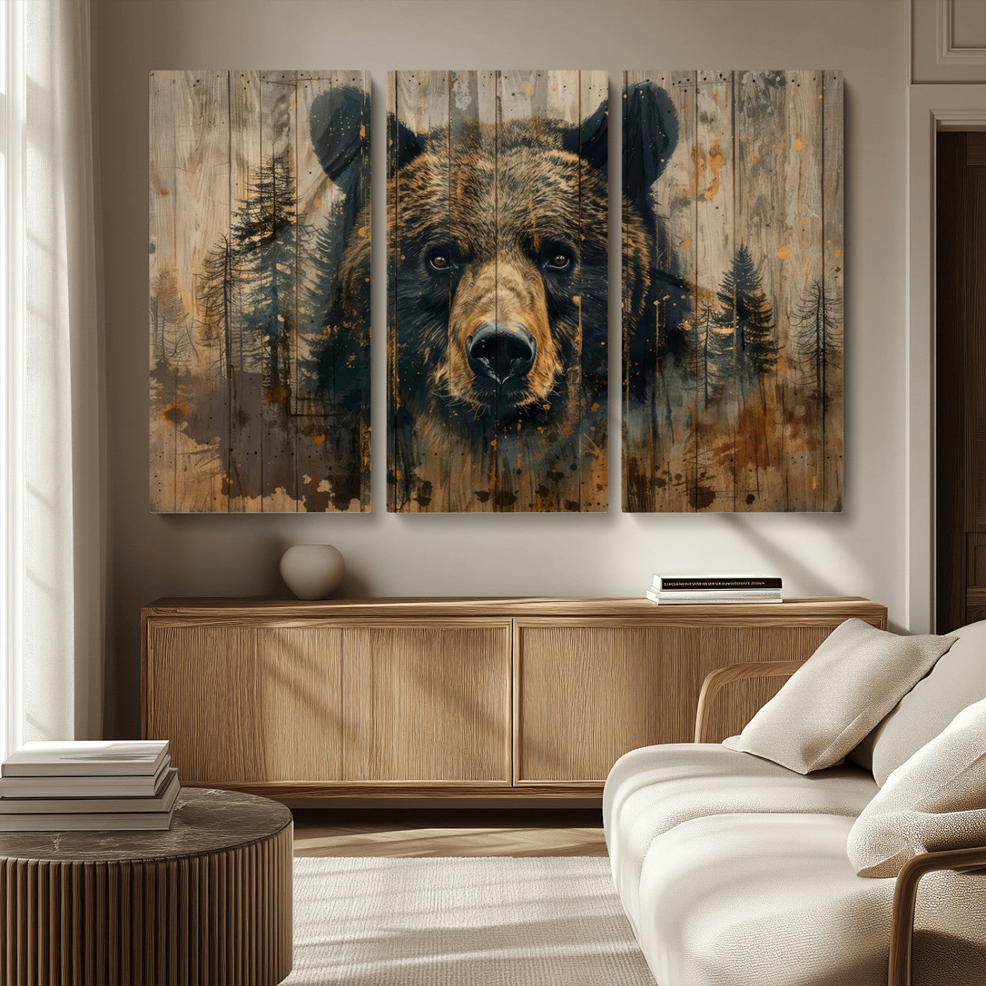 MGV-CV-48X32-3P - Abstract 399 Bear Wall Art | Rustic Cabin Wall Decor with Forest Design | Framed and Ready to Hang |