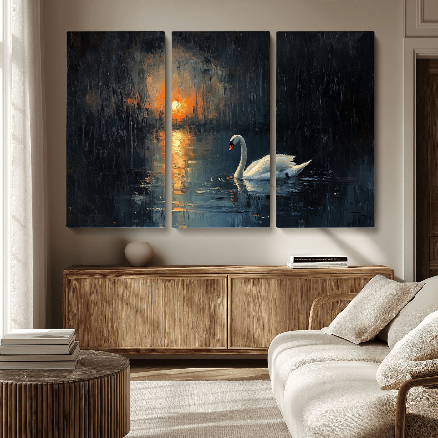 MGV-CV-48X32-3P - Abstract Swan on Water Wall Art Canvas Print - Elegant Nature Scene for Modern Home Decor