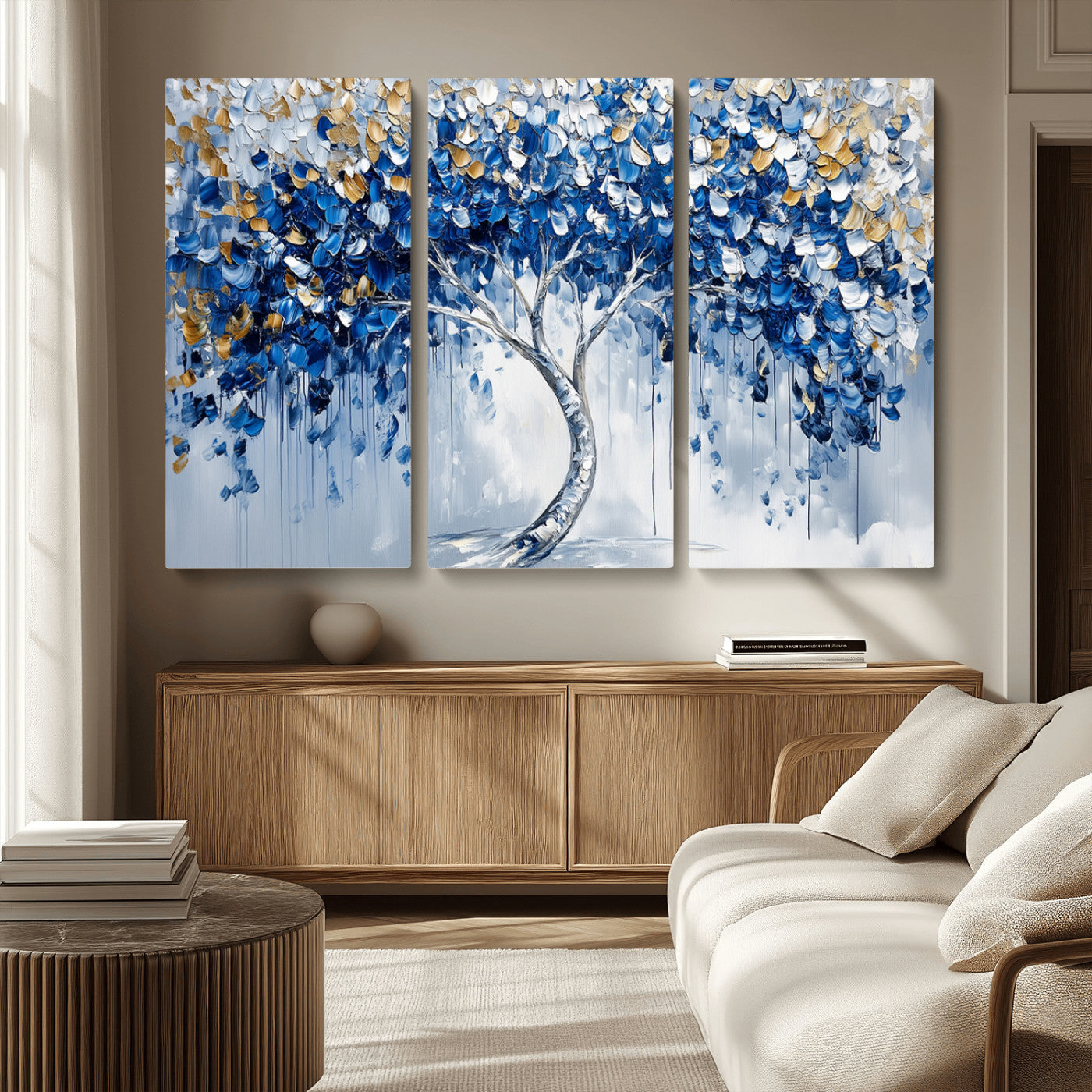 MGV-CV-48X32-3P - Blue and Gold Abstract Tree Wall Art Canvas Print | Modern Tree of Life Painting | Framed Canvas