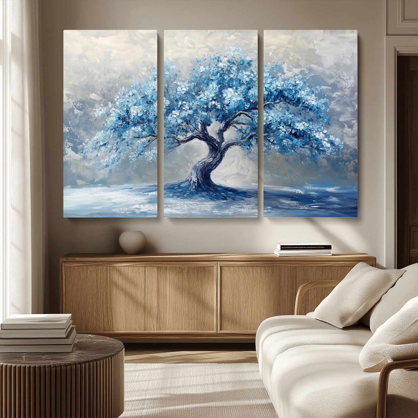 MGV-CV-48X32-3P - Abstract Blue Tree Art Canvas Print, Majestic Tree Wall Art Print for Farmhouse Decor