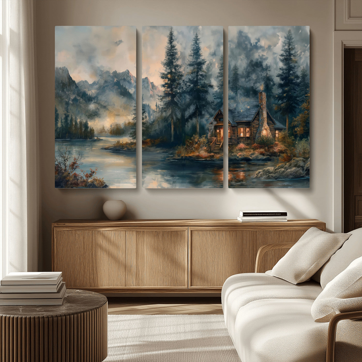 MGV-CV-48X32-3P - Rustic Cabin Woods Wall Art Print | Lake in a Forest Canvas Print | Cabin, Lodge, and Farmhouse
