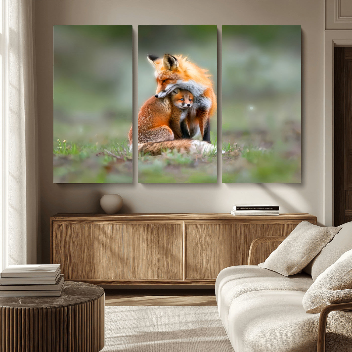 MGV-CV-48X32-3P - Heartwarming Fox and Baby Cub Wall Art | Ready to Hang Canvas Print of Foxes in Nature | Perfect for