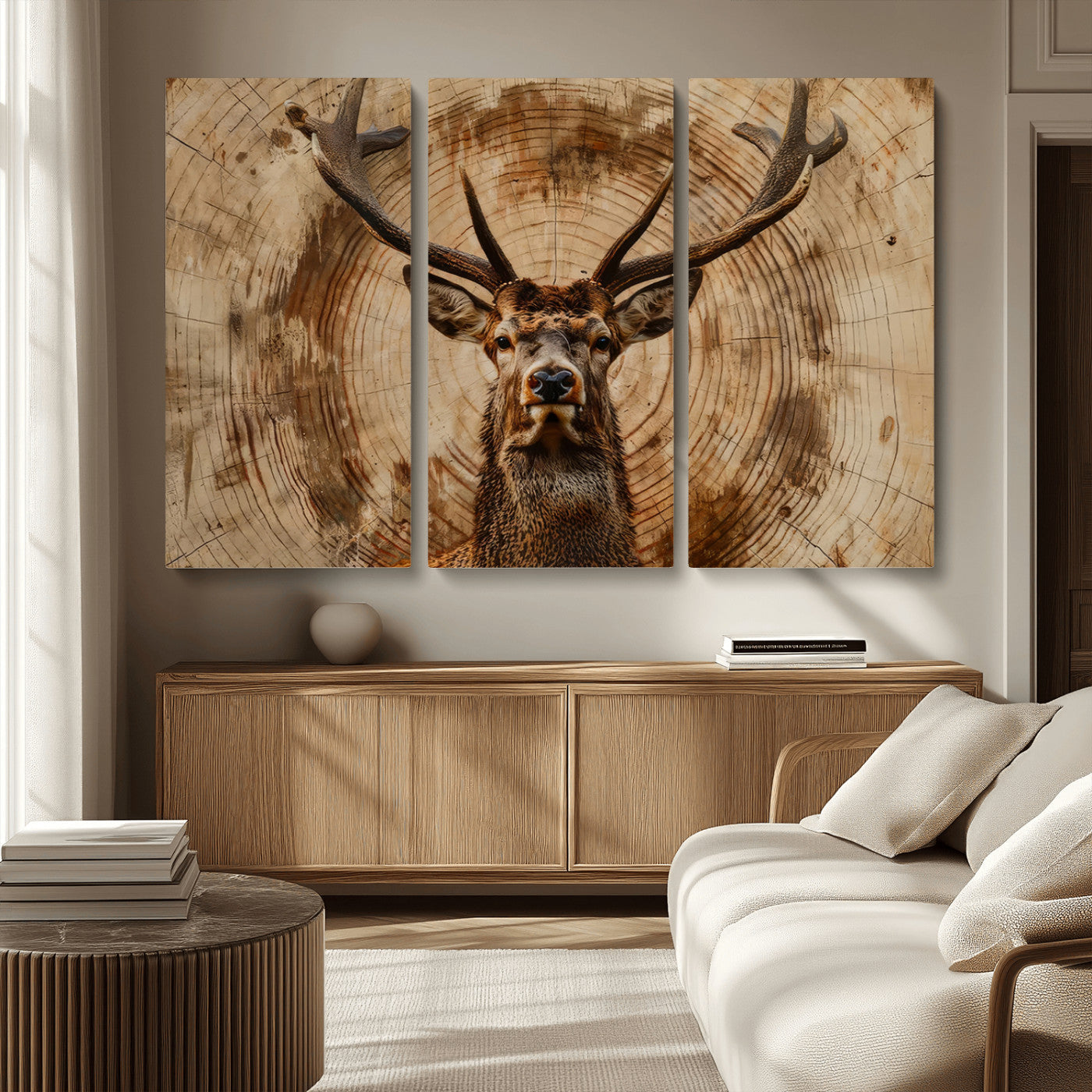 MGV-CV-48X32-3P - Wood Abstract Deer Wall Art | Rustic Wildlife Canvas Print | Ready to Hang Stag Head Triptych for