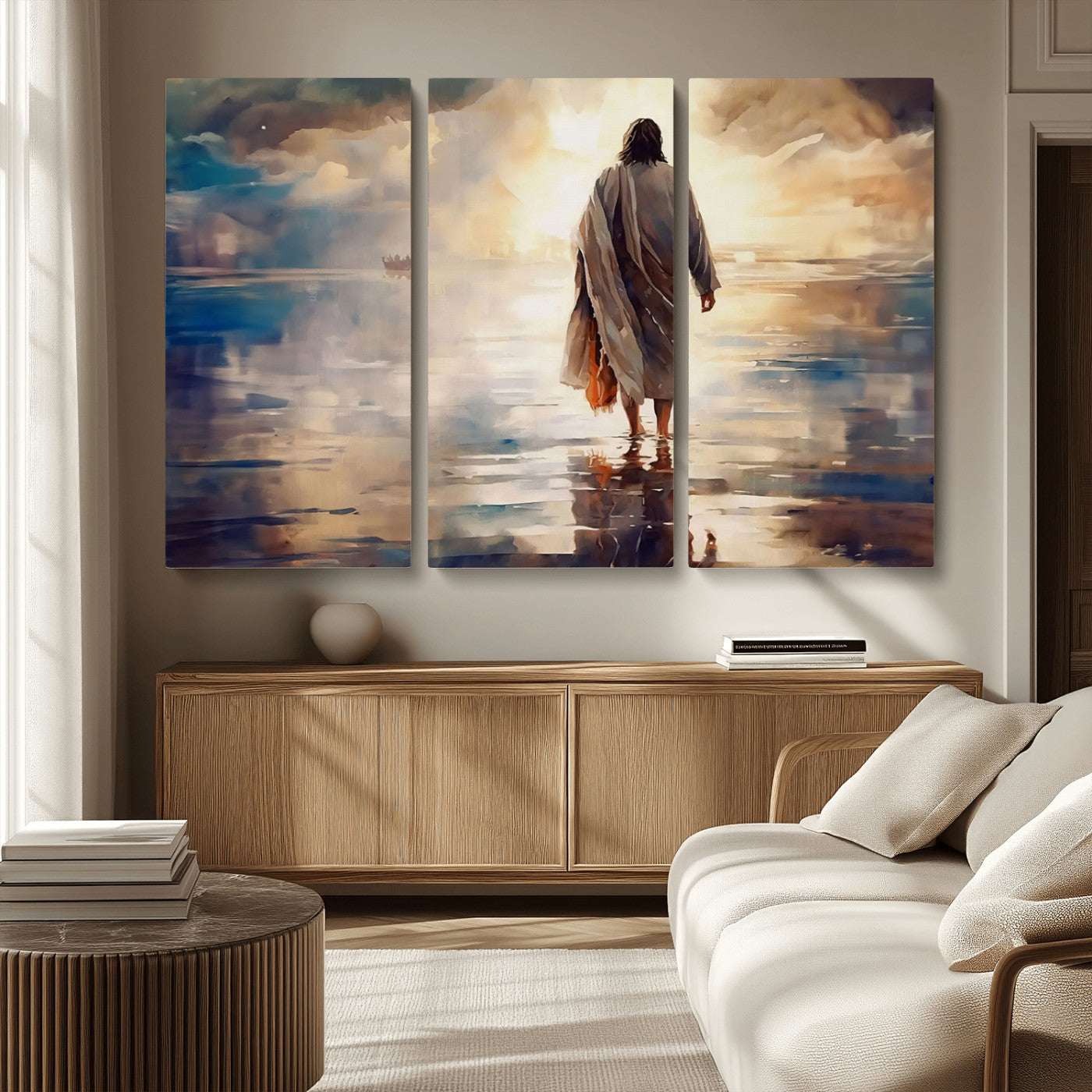MGV-CV-48X32-3P - Jesus Walking on Water Wall Art | Ready to Hang Spiritual Triptych Canvas Print | Inspirational