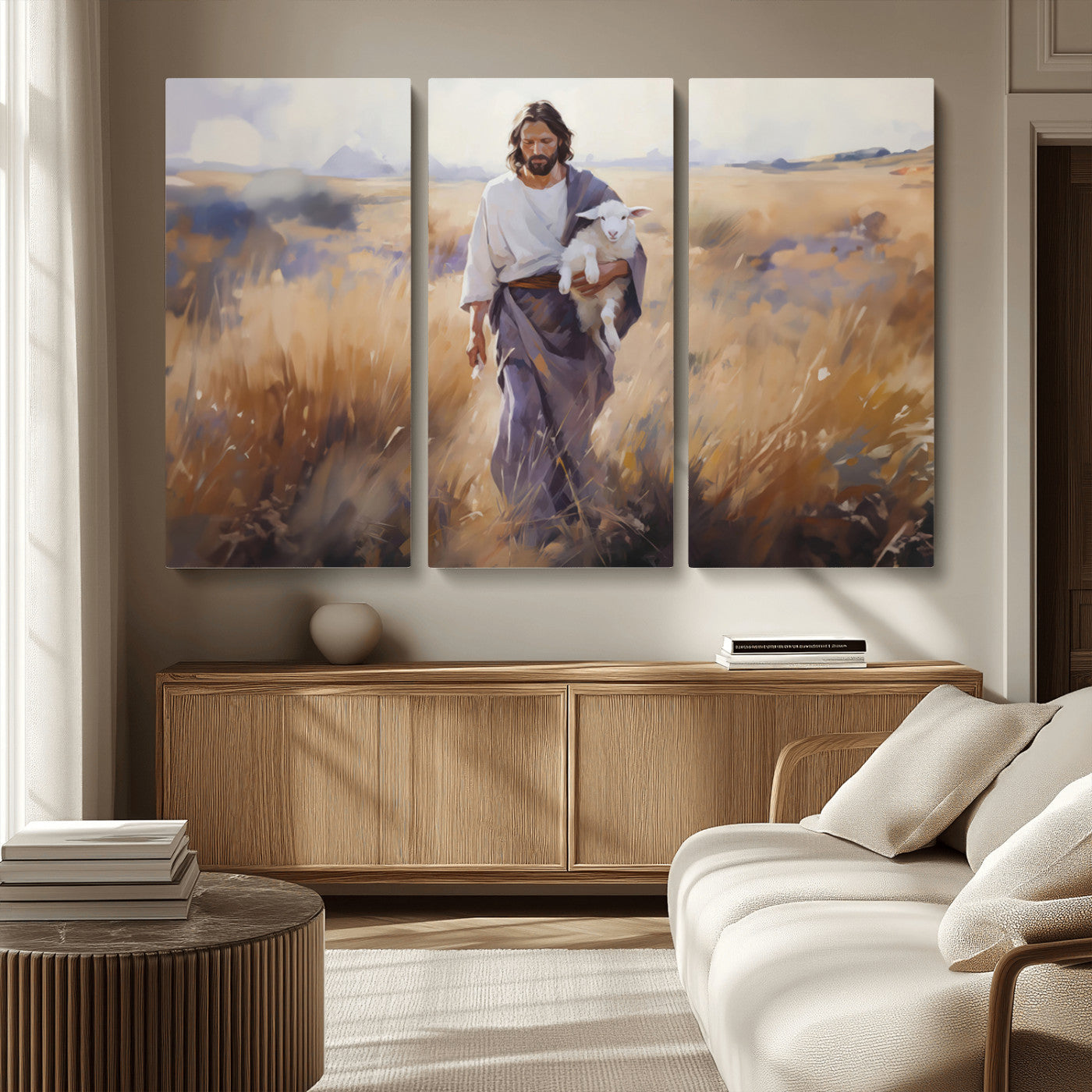 MGV-CV-48X32-3P - Jesus the Good Shepherd Wall Art Canvas Print - Lost Lamb Print for Prayer Room Decor