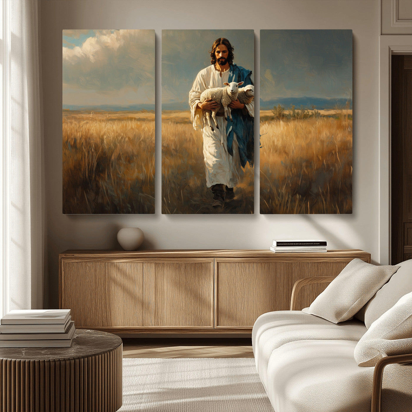 MGV-CV-48X32-3P - Jesus Shepherd Wall Art | Ready to Hang Triptych Canvas of Jesus Holding a Lamb in a Field |