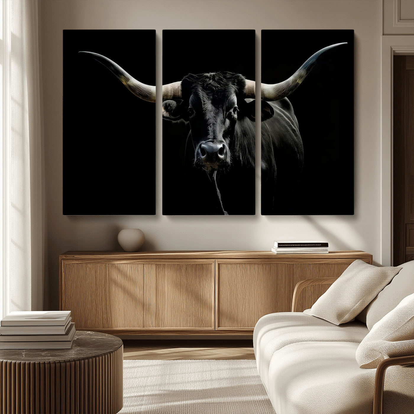 MGV-CV-48X32-3P - Texas Black Longhorn Bull Wall Art Canvas Print - Western Texas Cattle Rustic Decor Print - Longhorn