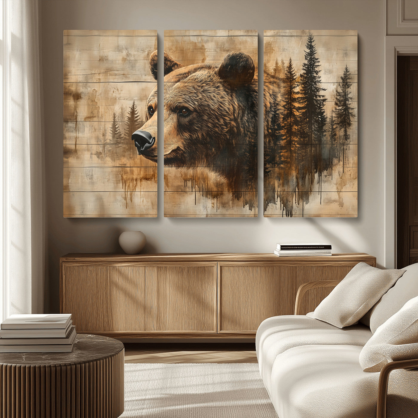 MGV-CV-48X32-3P - Rustic Grizzly Bear Wall Art, Abstract Grizzly 399 Bear Wall Art Canvas Print - Woodland Wildlife