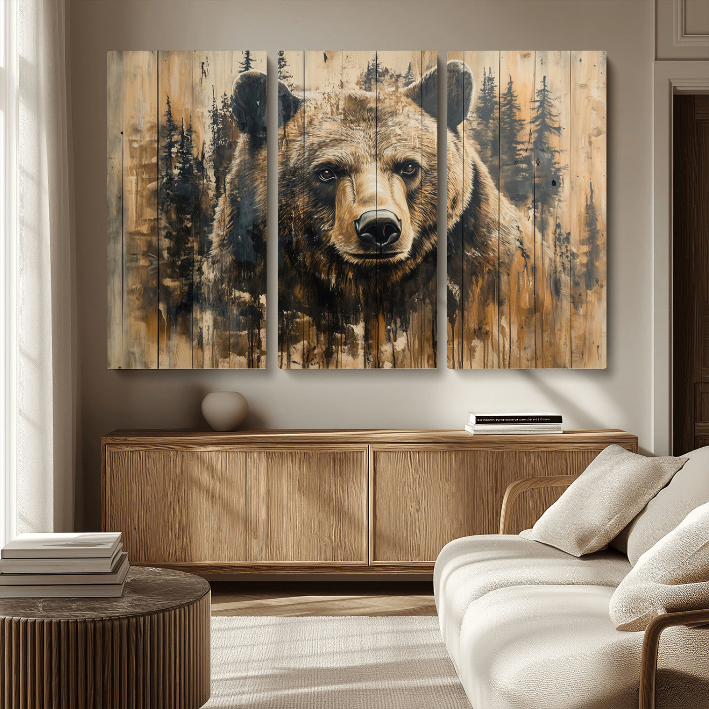 MGV-CV-48X32-3P - Majestic Grizzly 399 Bear Wall Art | 3-Panel Rustic Canvas Print for Living Room, Office, or Cabin