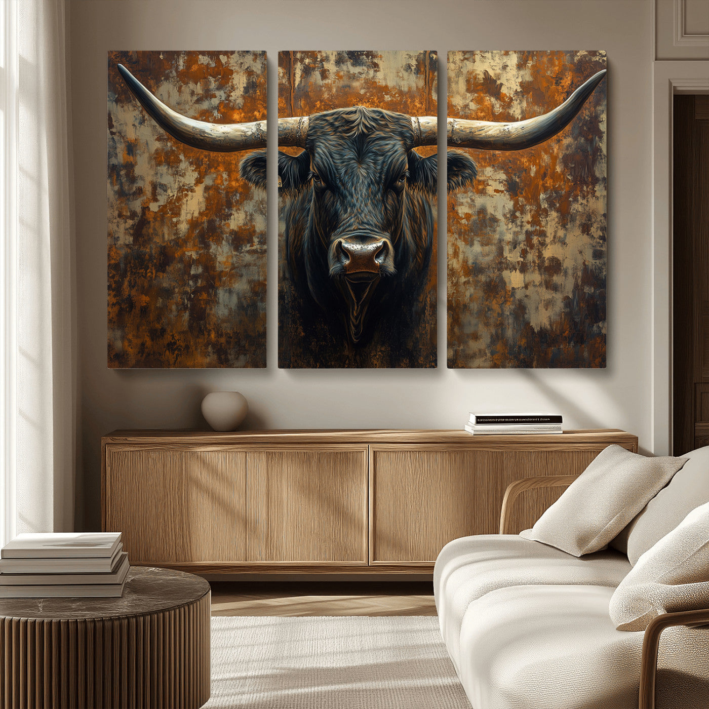 MGV-CV-48X32-3P - Longhorn Texas Cow Bull Wall Art | Rustic Farmhouse Canvas Print | Ready to Hang Barn Decor for