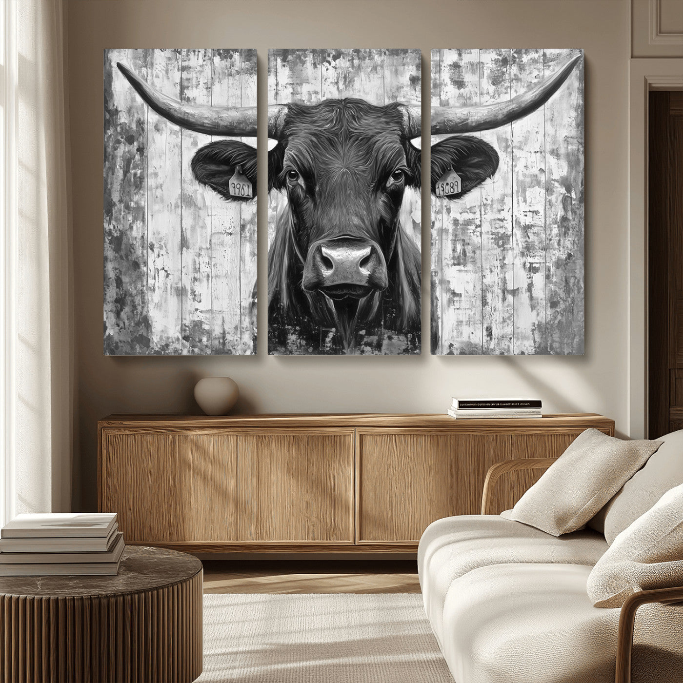 MGV-CV-48X32-3P - Abstract Longhorn Bull Wall Art Canvas Print - Rustic Texas Western Cow Artwork