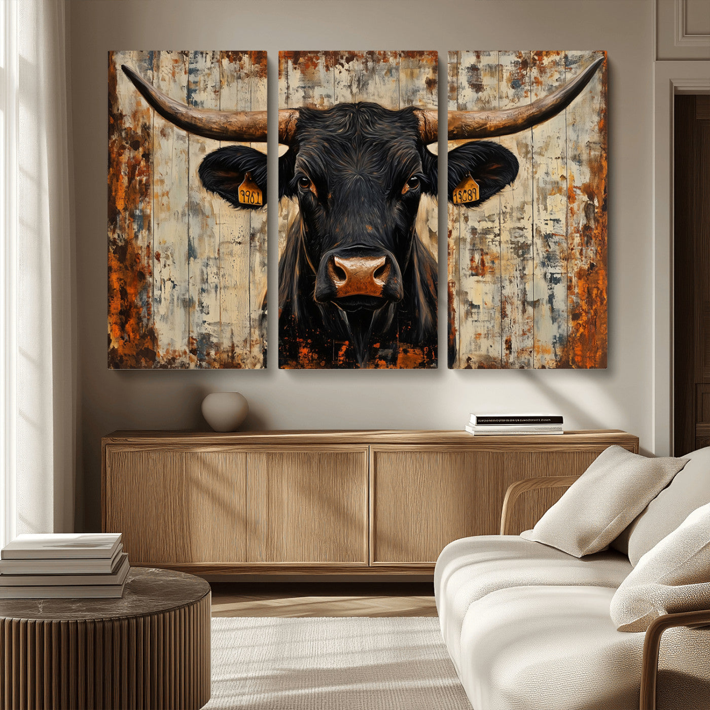 MGV-CV-48X32-3P - Rustic Texas Artwork Wall Art Canvas Print - Abstract Cow Longhorn Bull Wall Art Canvas Print