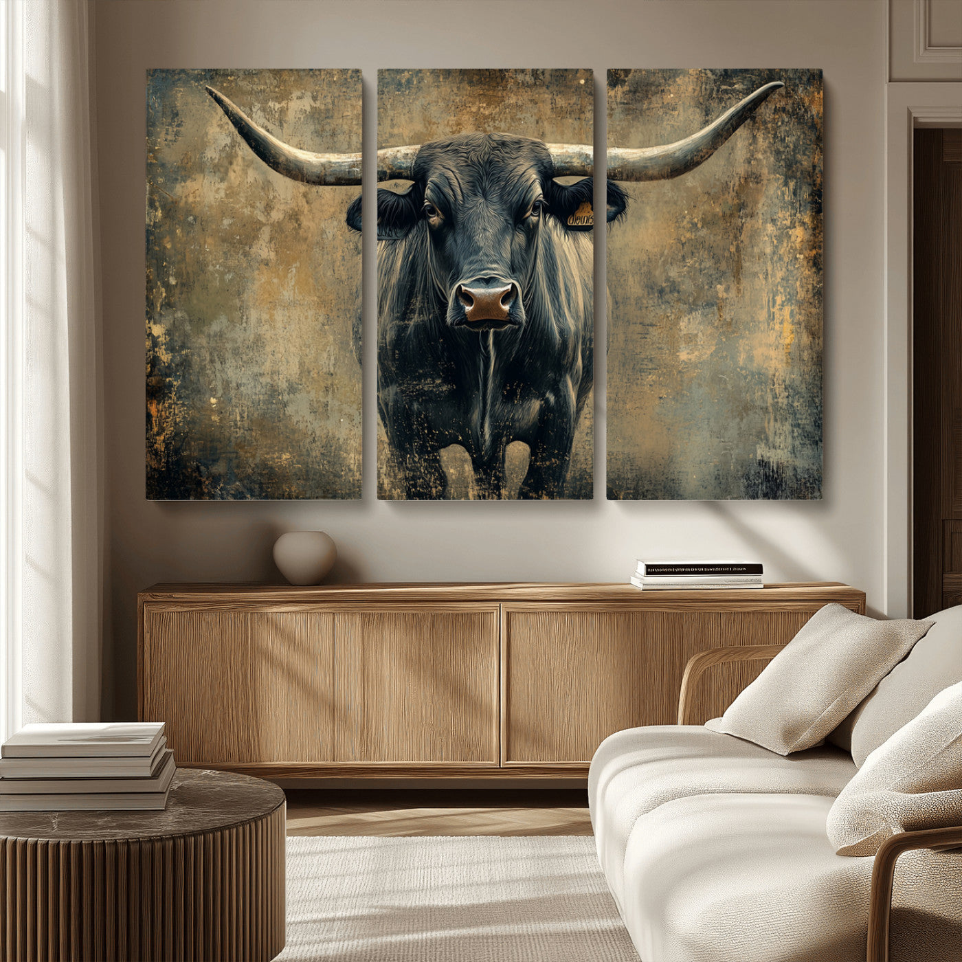 MGV-CV-48X32-3P - Longhorn Bull Wall Art Canvas Print, Framed Rustic Cow Art Picture Print, Texas Longhorn Perfect Western Decor Artwork