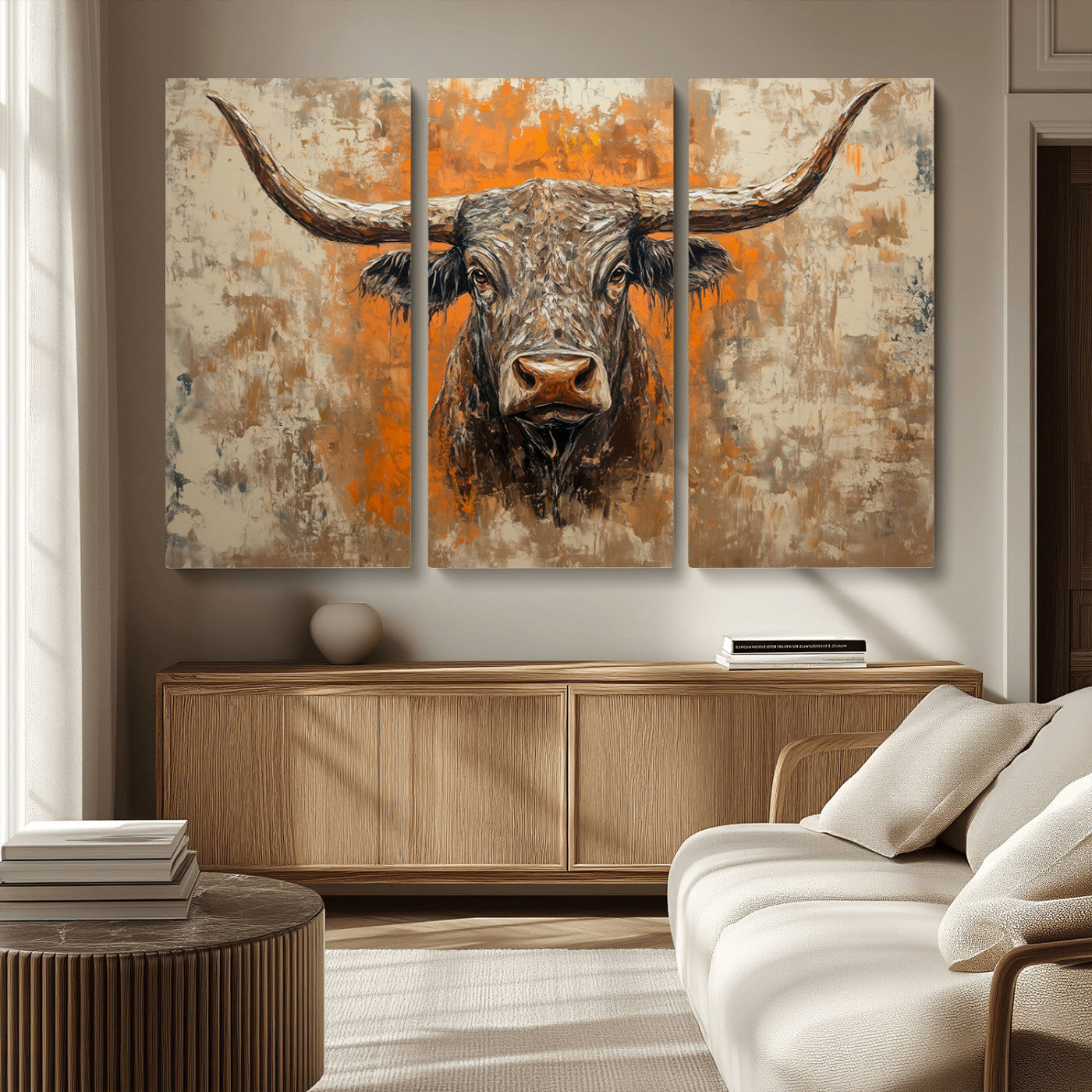 MGV-CV-48X32-3P - Abstract Cow Longhorn Bull Wall Art Canvas Print - Rustic Texas Western Cattle Artwork