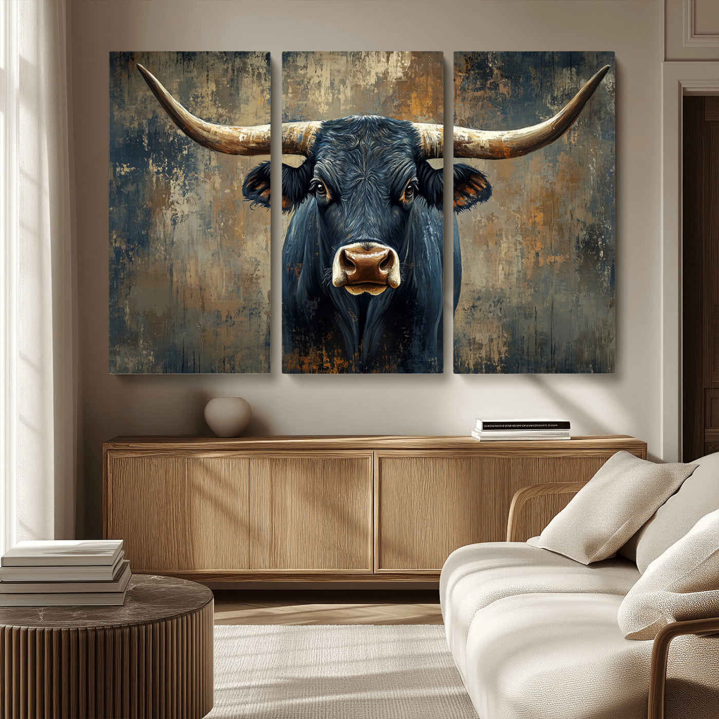 MGV-CV-48X32-3P - Texas Western Wall Art Canvas Print - Abstract Cow Longhorn Bull Wall Art Canvas Print - Rustic Cow
