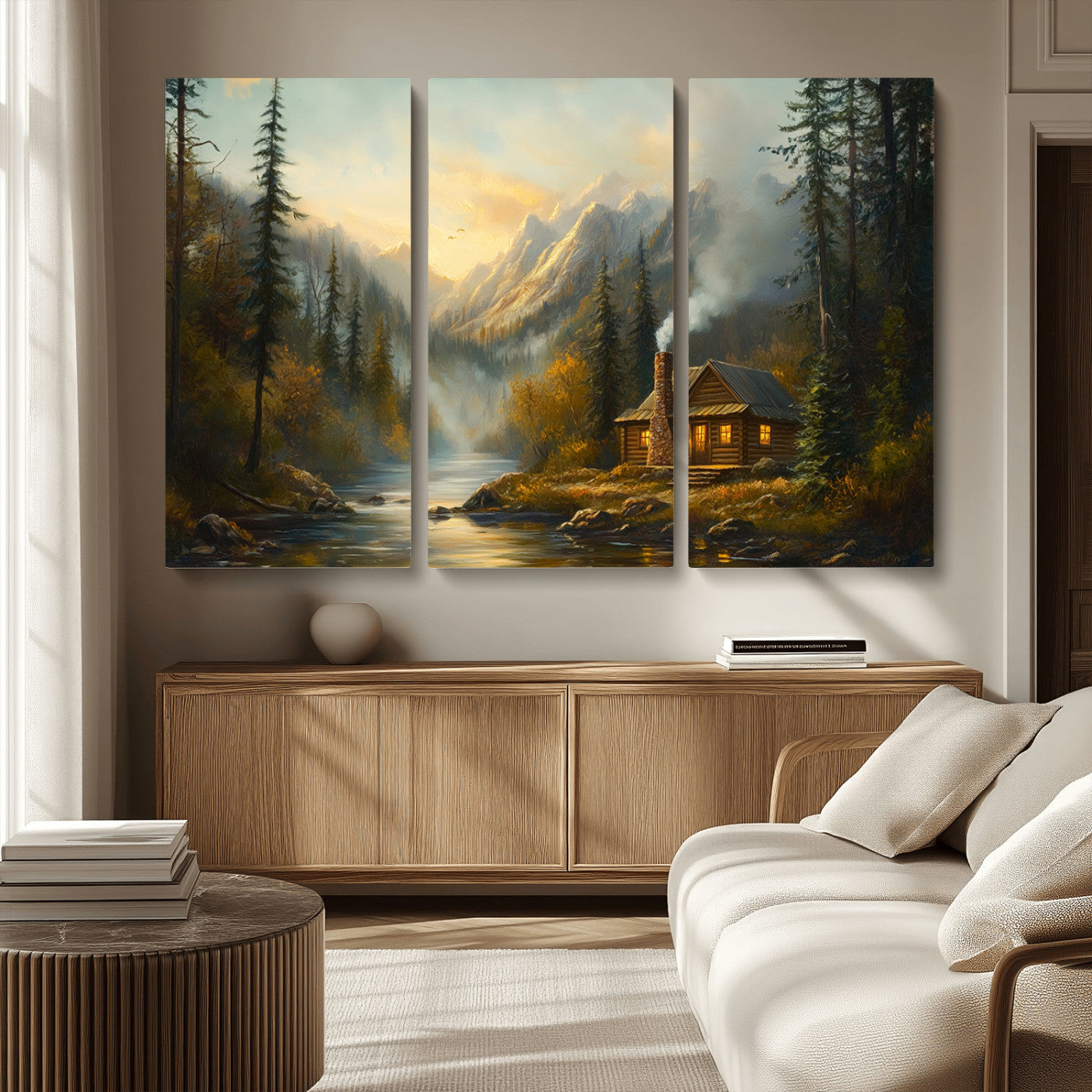 MGV-CV-48X32-3P - Wood Cabin Retreat Mountain at Sunset Wall Art Print - Serene Forest and River Landscape Wall Art