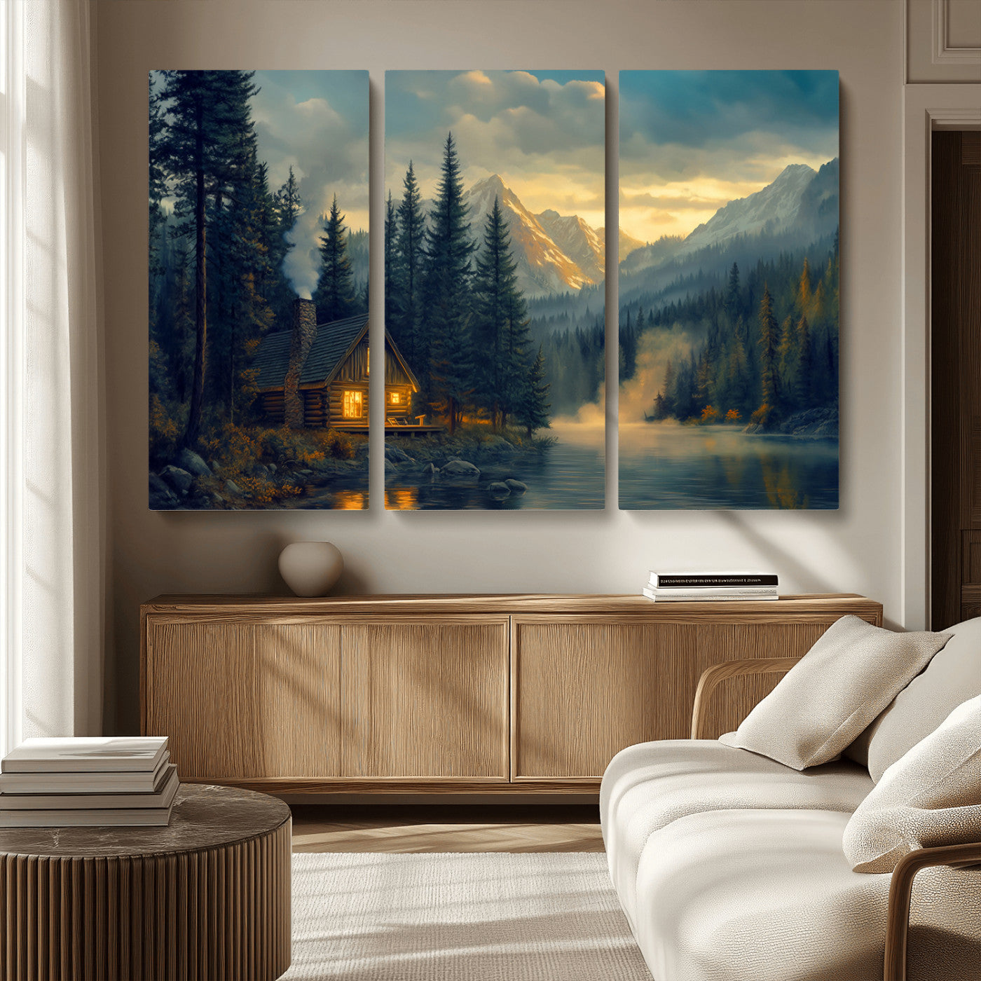 MGV-CV-48X32-3P - Mountain Cabin by the Lake at Sunset Wall Art - Serene Nature Canvas Print for Living Room Decor,