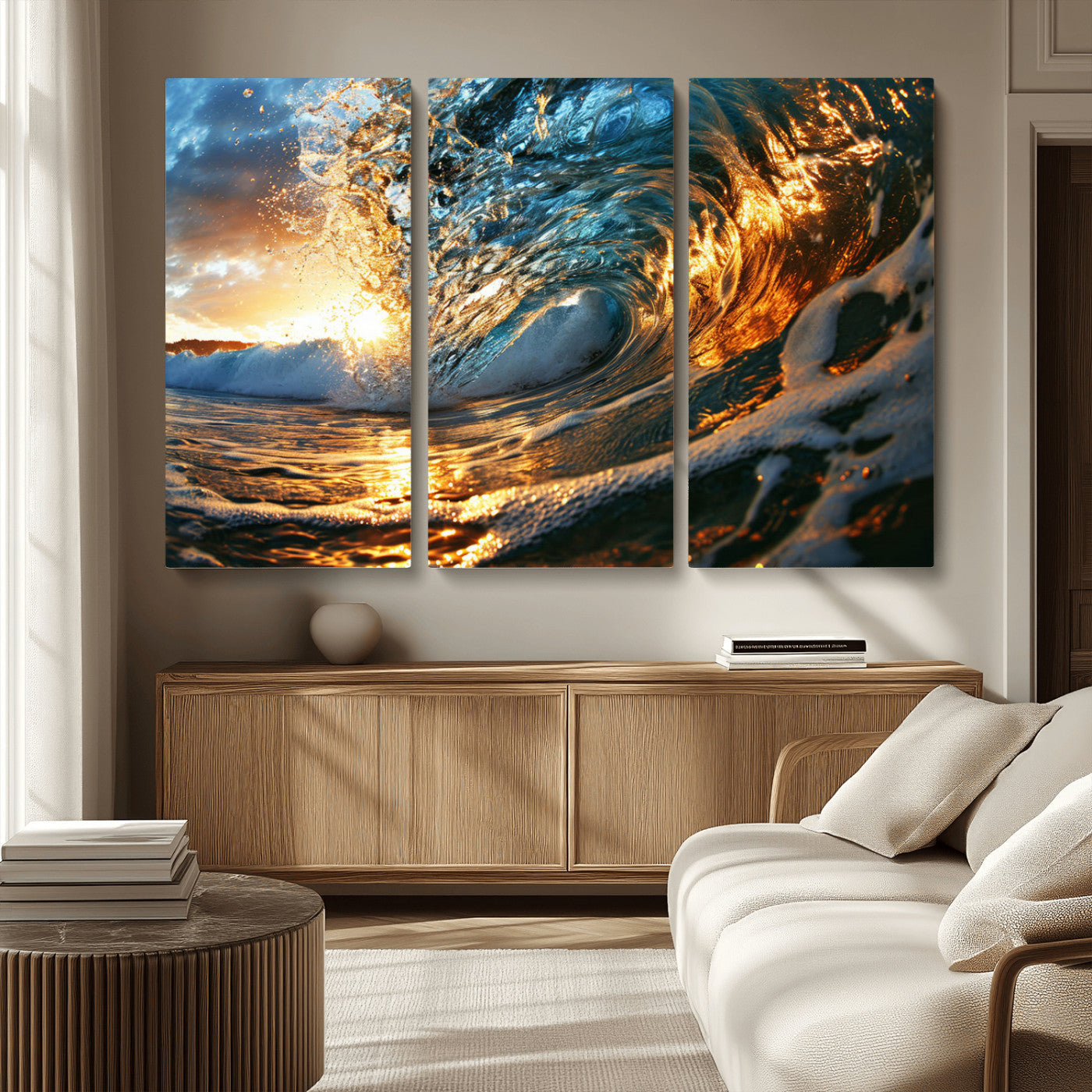 MGV-CV-48X32-3P - Ocean Wave at Sunset Canvas Wall Art – Vibrant Coastal Beach Waves Print, Large Nautical Decor,