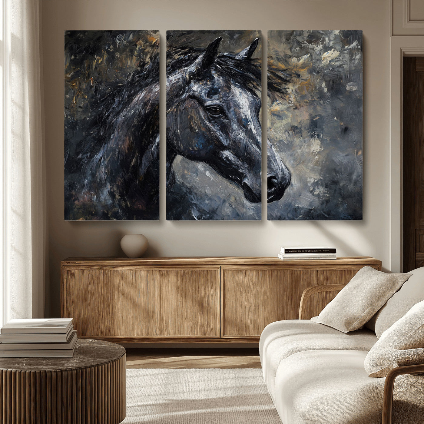 MGV-CV-48X32-3P - Large Abstract Horse Wall Art Canvas Print | Farmhouse Wall Decor | Rustic Horse Art | Western Cabin