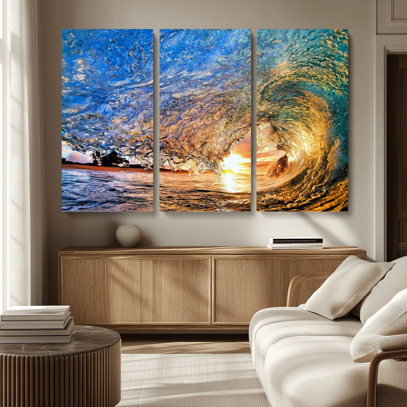 MGV-CV-48X32-3P - Ocean Wave at Sunset Canvas Wall Art – Vibrant Coastal Beach Waves Print, Large Nautical Decor,