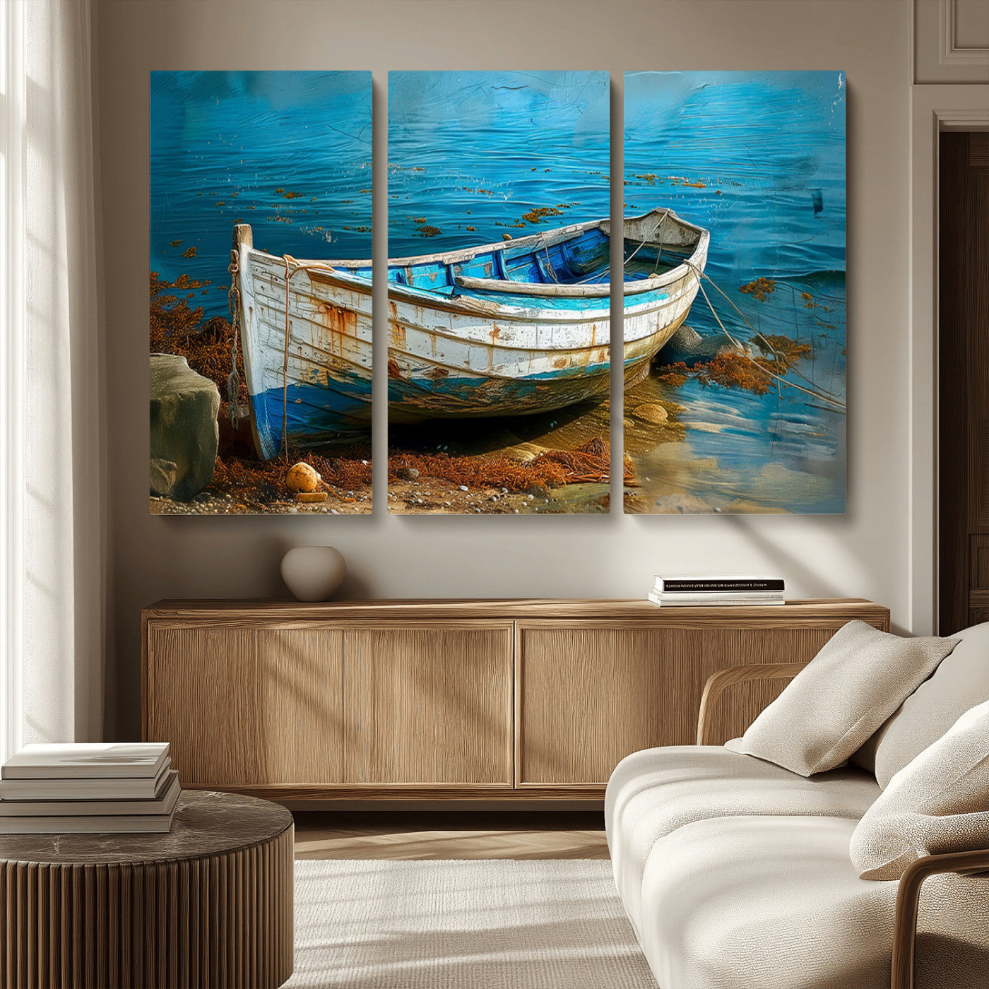 MGV-CV-48X32-3P - Vintage Boat on Tranquil Waters | Coastal Wall Art for Nautical Decor | Rustic Triptych Canvas Print