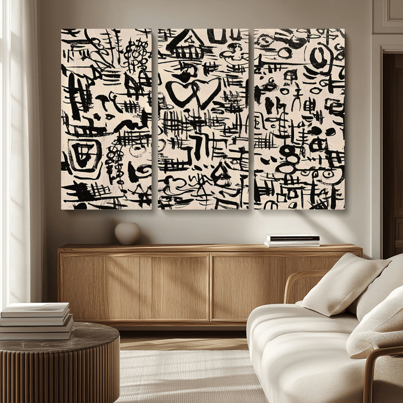68273-MGV-CV-48X32-3P - Abstract Love and Chaos Canvas Print, Black Symbols on Beige
