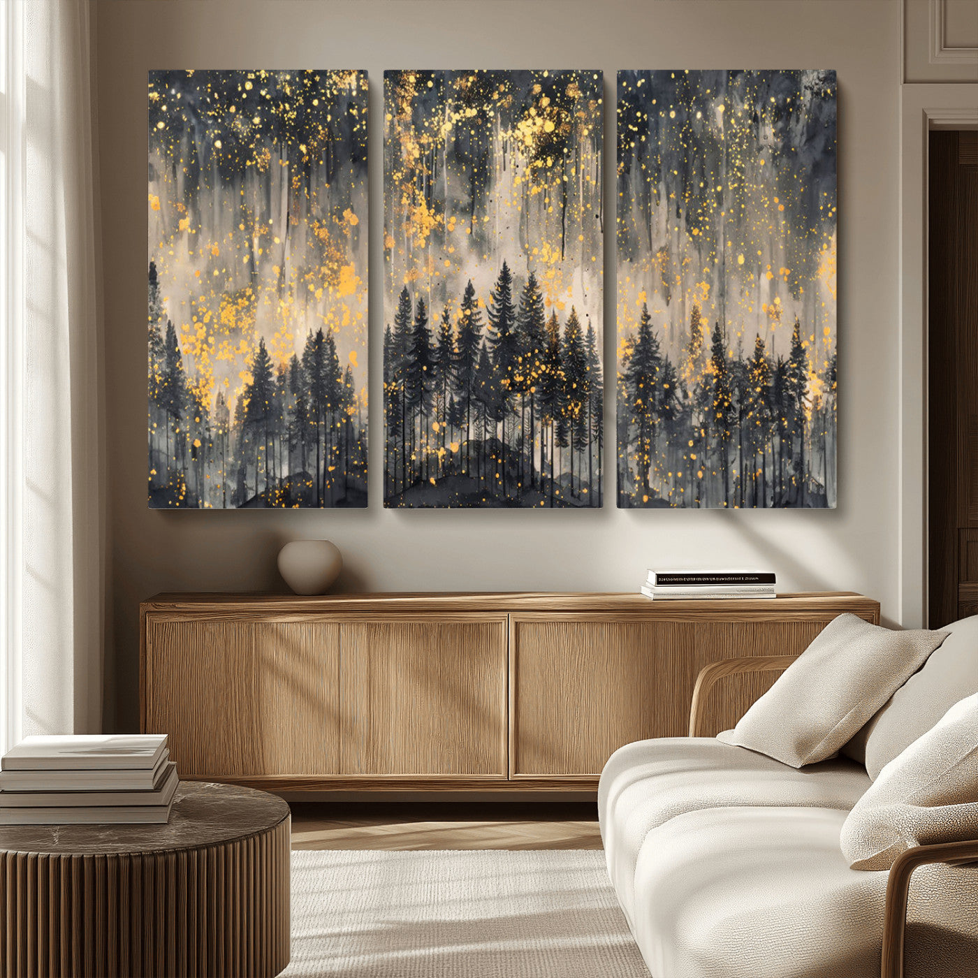 MGV-CV-48X32-3P - Golden Forest Abstract Wall Art | Dark Forest with Gold Splatter Accents | Triptych Ready to Hang