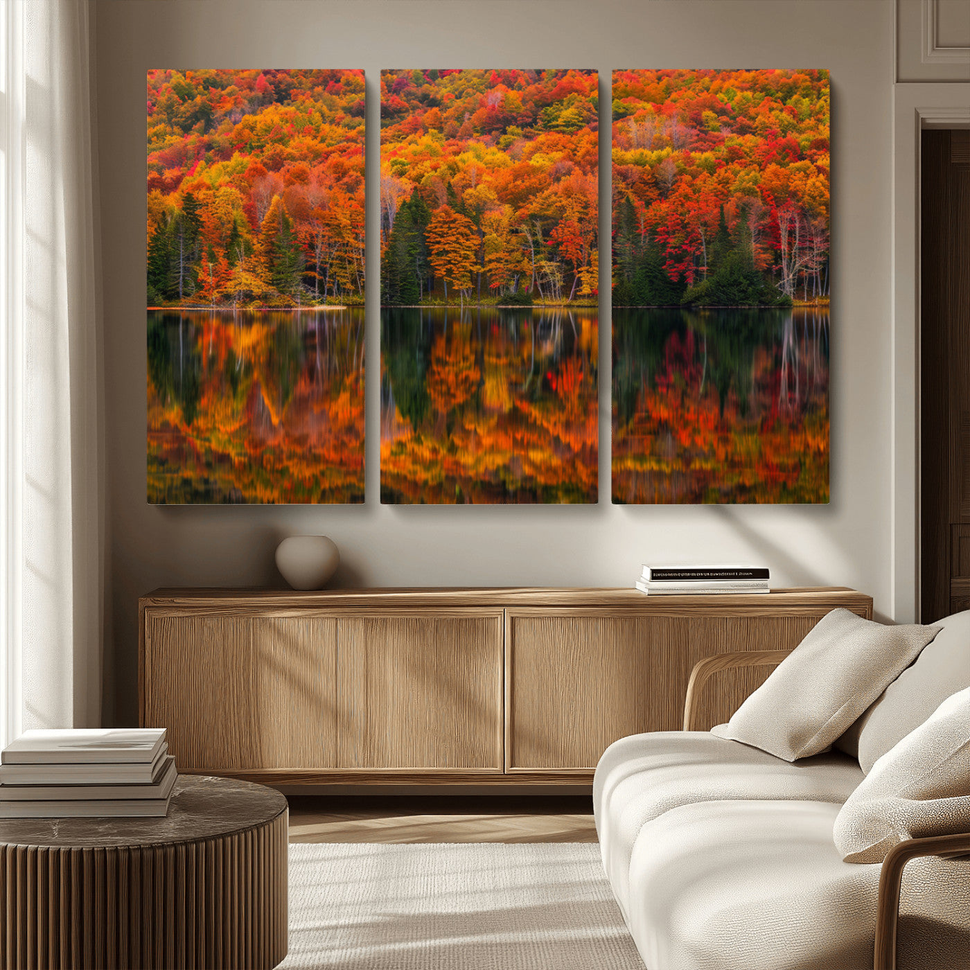MGV-CV-48X32-3P - Fall Foliage Wall Art - Autumn Reflection Canvas Print, Stunning Fall Foliage Wall Art, Serene Lake