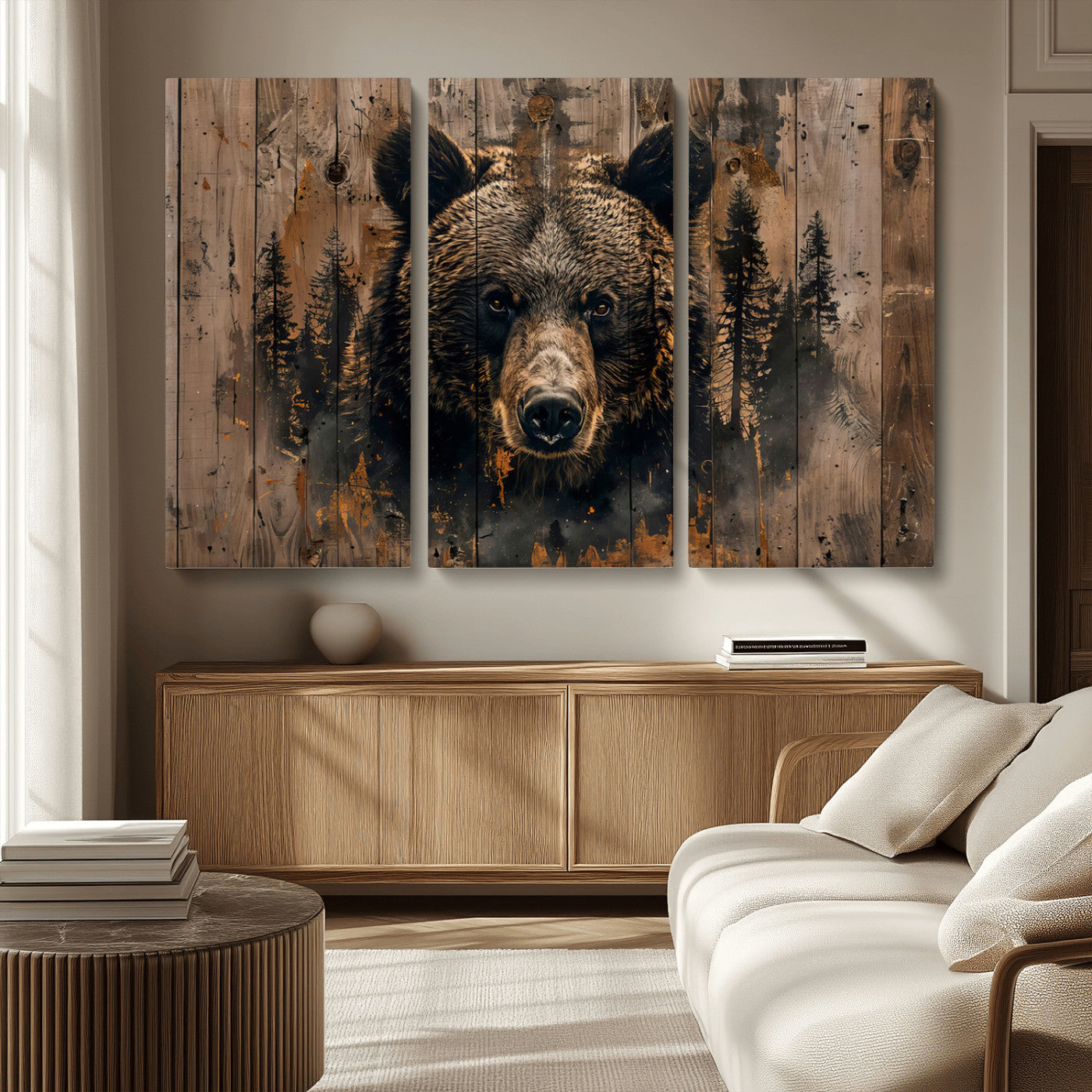MGV-CV-48X32-3P - Rustic Grizzly 399 Wall Art | Triptych Canvas Print | Rustic Cabin Wall Decor | Perfect for